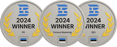 Insignias de premio Winner 2024 de Collaborator con coronas de laurel doradas para Content Marketing y SEO.