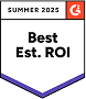 Collaborator, mejor ROI estimado — insignia de verano 2025 de G2 con diseño geométrico naranja y azul