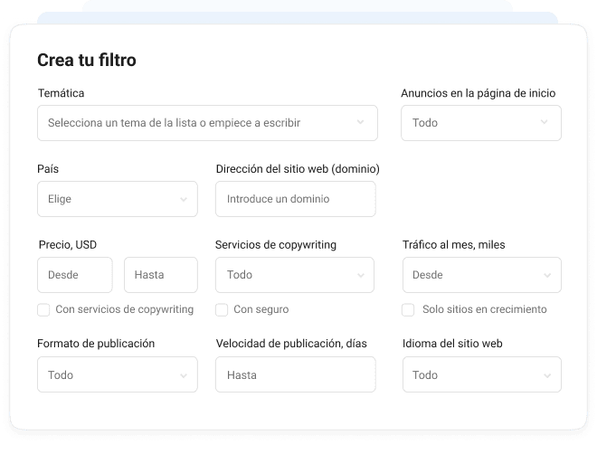 Filtros avanzados de búsqueda en Collaborator: categoría, ubicación, dominio, precio, tráfico, velocidad, idioma y más