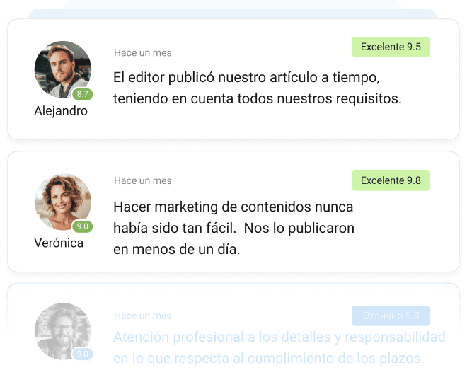 Testimonios de anunciantes en Collaborator — elogios por la rápida publicación de artículos y la fluida distribución de comunicados de prensa