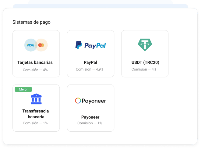Métodos de pago aceptados en Collaborator: tarjetas, PayPal, USDT, transferencia bancaria y Payoneer