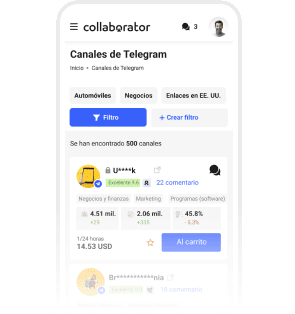 Vista móvil del mercado de canales de Telegram de Collaborator mostrando categorías, filtros de búsqueda y canales destacados con estadísticas de seguidores y precios.