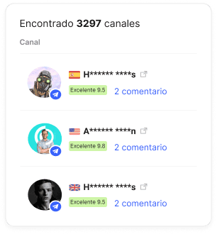 Canales de Telegram con calificaciones de usuarios, número de reseñas e indicadores de rendimiento en formato de lista en el catálogo de Collaborator.