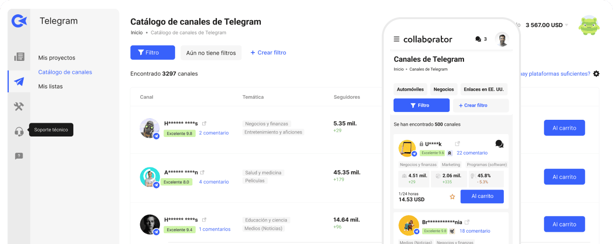 Interfaz de escritorio de Collaborator mostrando un catálogo de canales de Telegram con filtros, número de seguidores, publicaciones y una barra lateral con detalles y precios de los canales.