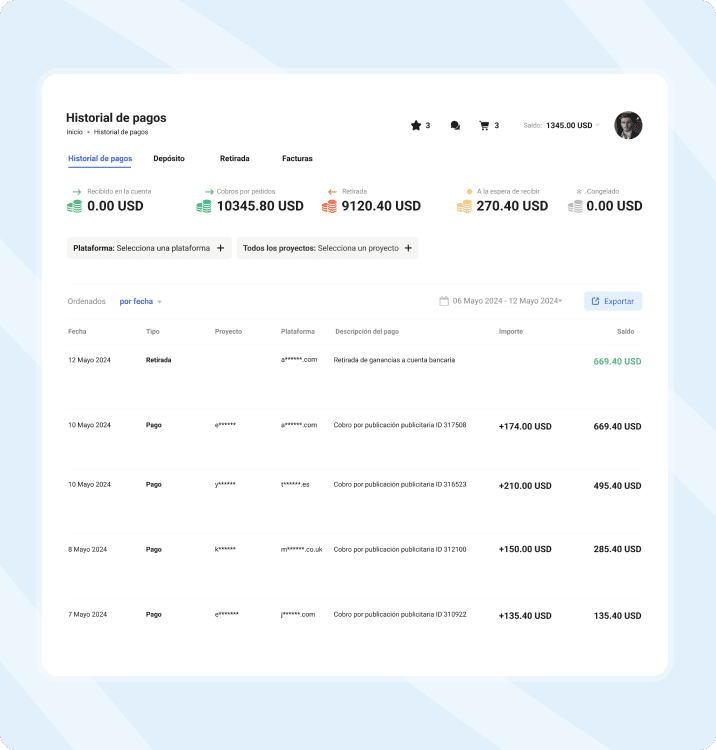 Panel de historial de pagos de Collaborator con transacciones en USD, registros de retiros y depósitos, y estados de pago