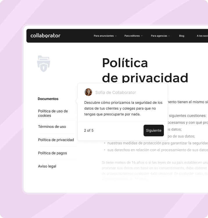 Página de Política de Privacidad de Collaborator con secciones del documento y mensaje sobre seguridad de datos