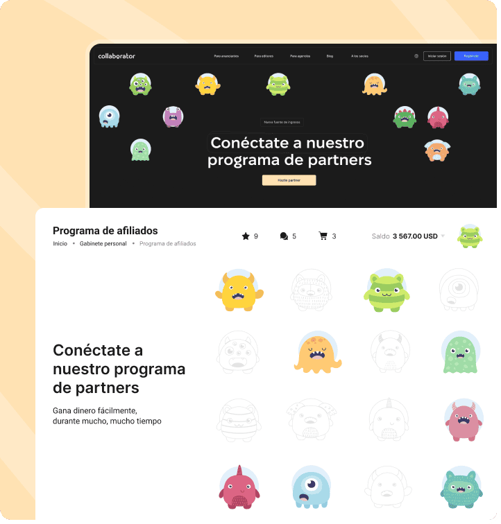 Imagen que destaca el Programa de Afiliados SEO de Collaborator con invitación para socios y resumen del saldo de la cuenta