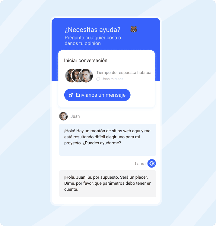 Chat de soporte de Collaborator mostrando una conversación sobre selección de sitios web