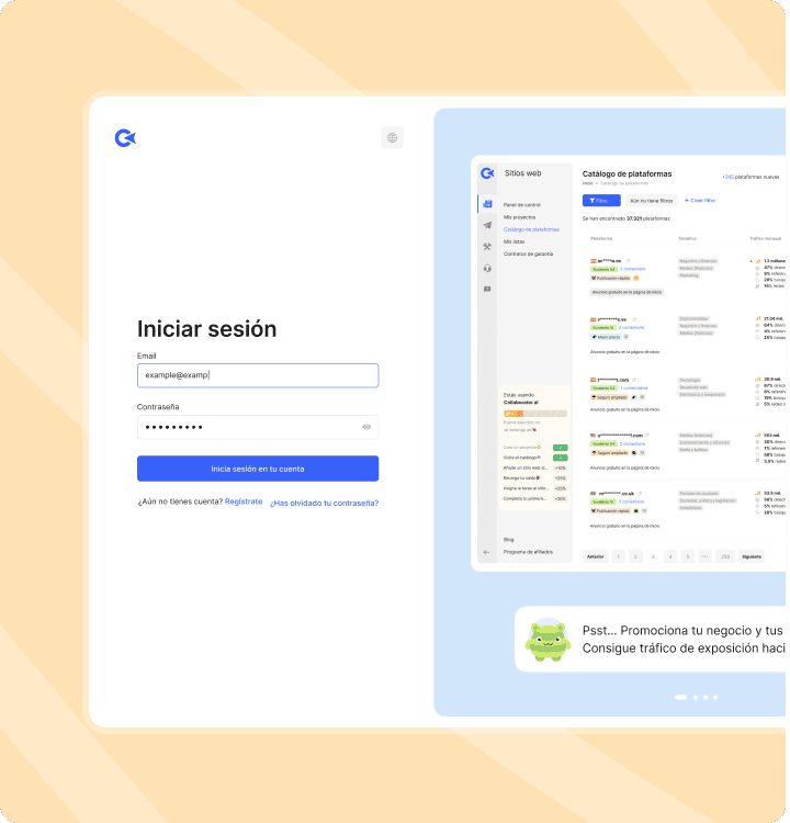 Pantalla de inicio de sesión de Collaborator con campos de formulario, vista previa del panel y mascota verde promocionando la exposición del negocio
