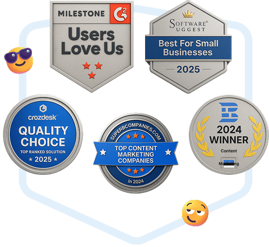 Colección de insignias de premios de software de Collaborator, incluyendo G2 Milestone Users Love Us y reconocimientos 2024–2025 de Software Suggest, Crozdesk y Top Content Marketing Companies.