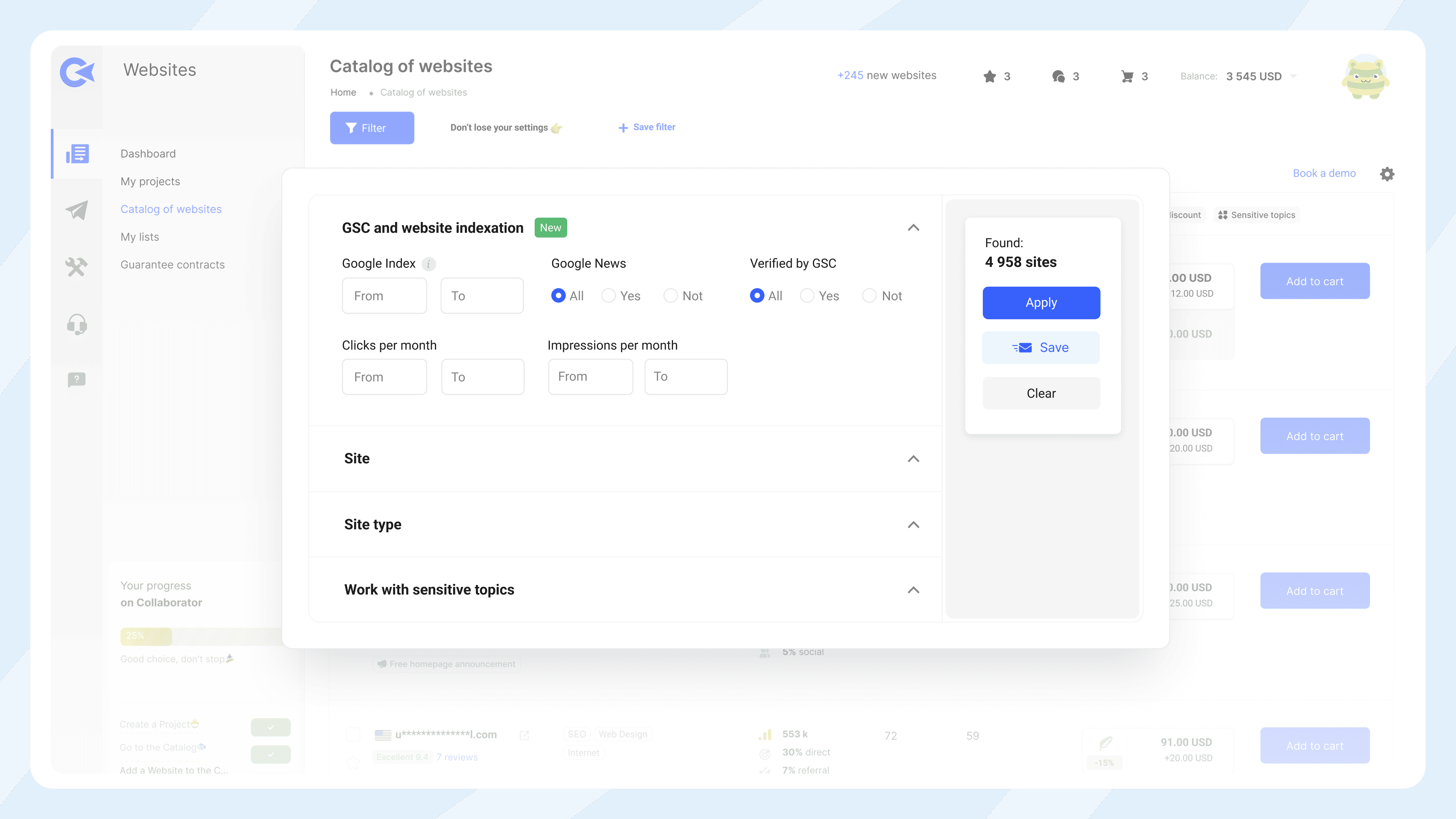 Catálogo de sitios web de Collaborator con opciones avanzadas de filtrado para GSC e indexación, incluyendo estado en Google Index, inclusión en Google News, verificación de GSC, datos de clics/impresiones y temáticas sensibles.