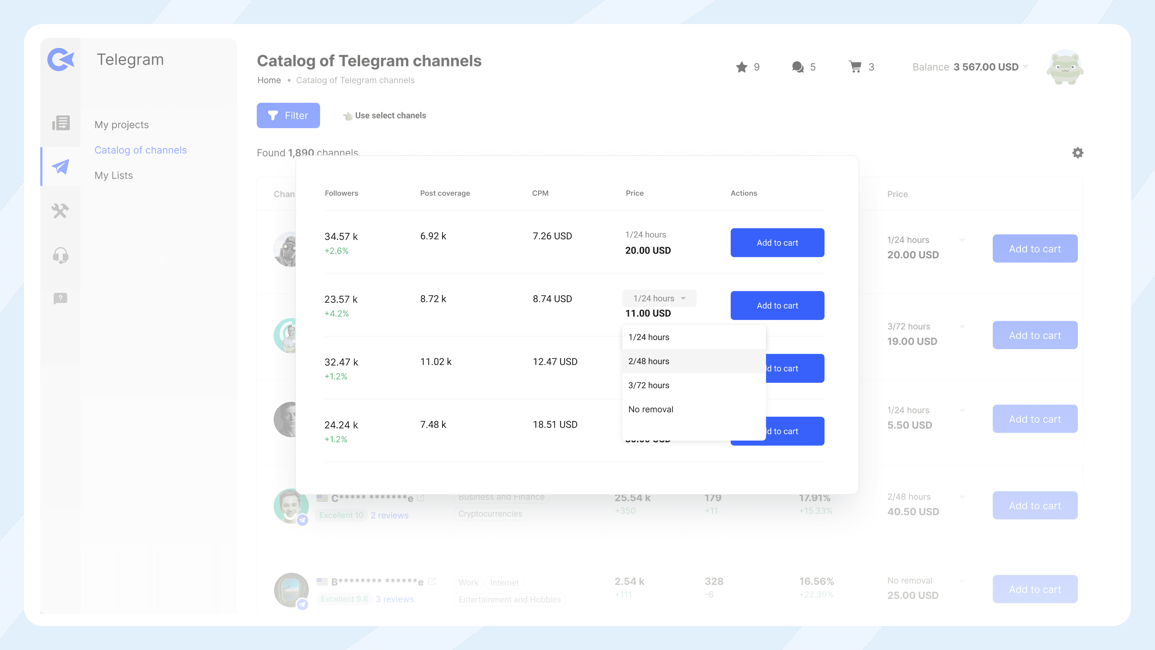 Marketplace de canales de Telegram de Collaborator mostrando precios para distintos formatos de publicación con número de seguidores, métricas de alcance de publicaciones y tarifas CPM.