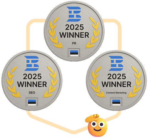 Tres insignias de ganador de Collaborator 2025 en las categorías SEO, PR y Content Marketing, con la bandera de Estonia y coronas de laurel de TechBehemoths.