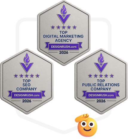 Tres insignias de DesignRush 2026 que reconocen la excelencia en marketing digital, SEO y relaciones públicas. Las insignias destacan las distinciones Top Digital Marketing Agency, Top SEO Company y Top Public Relations Company.