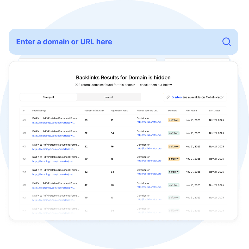 Tabla de resultados de backlinks con los enlaces más potentes y sus métricas: puntuación de calidad del dominio, texto de anchor, etiquetas estratégicas y datos de noviembre de 2025.